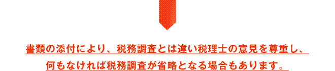 書面の添付により、税務調査とは違い税理士の意見を尊重し、何もなければ税務調査が省略となる場合もあります。